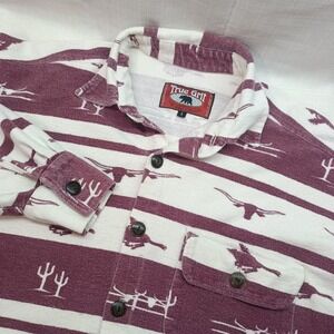 Vtg True Grit Shirt Men L Ivory Red Western Flannel Cotton 90s Made in USA Rodeo